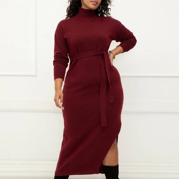Eloquii Dresses & Skirts - NWT- Eloquii Sweater Dress Women 26/28 Maxi Funnel Neck with Belt in Burgundy